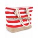 Navy Red Canvas Stripe Print Beach Tote Bag